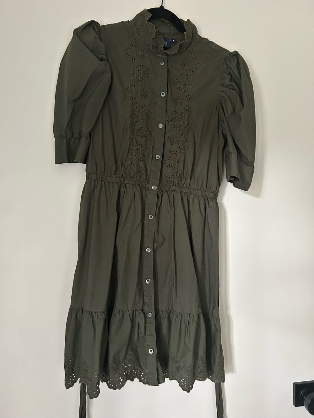 GAP Olive Green Eyelet Midi Dress with Puff Sleeves - Picture 2 of 6